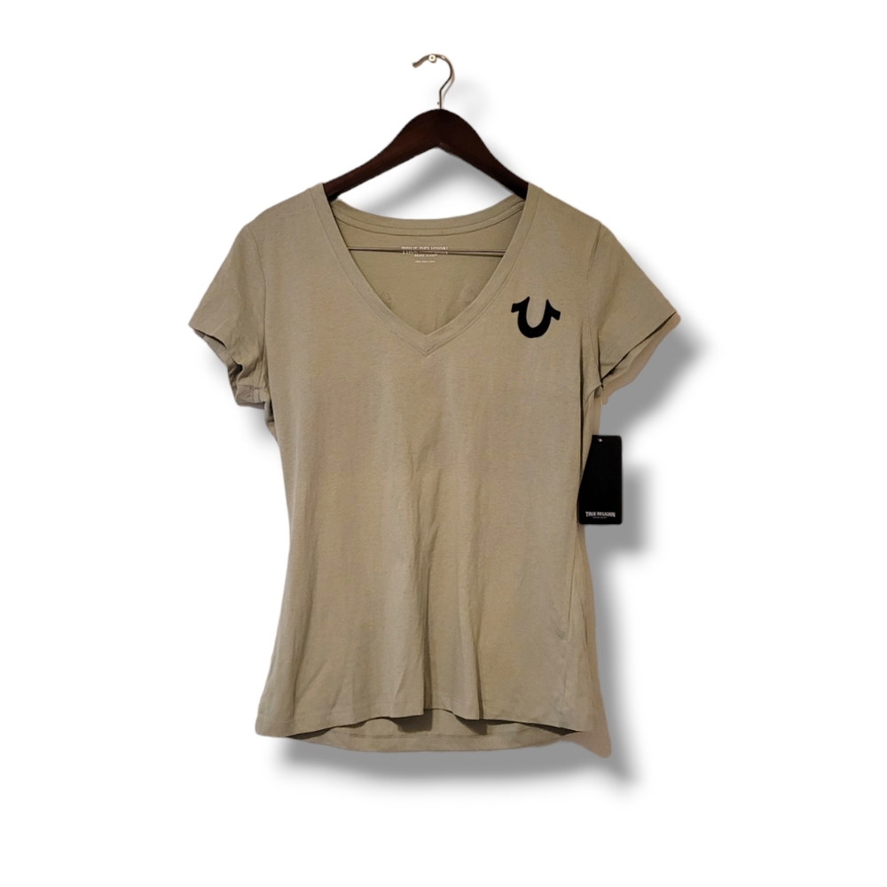 True Religion Buddha Horseshoe Logo Slim V Neck Tee Short Sleeve Swamp Green